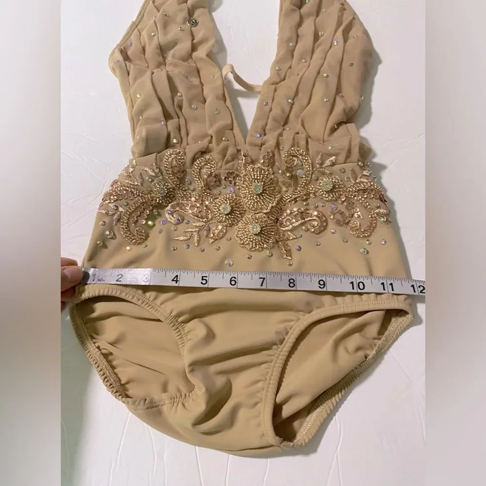 Glamorous solo dance costume Custom rhinestone lyrical dress gold tan LC child